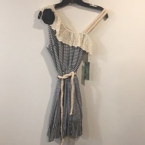 TRICOTTO Navy/Cream Striped Dress w/ belt rope